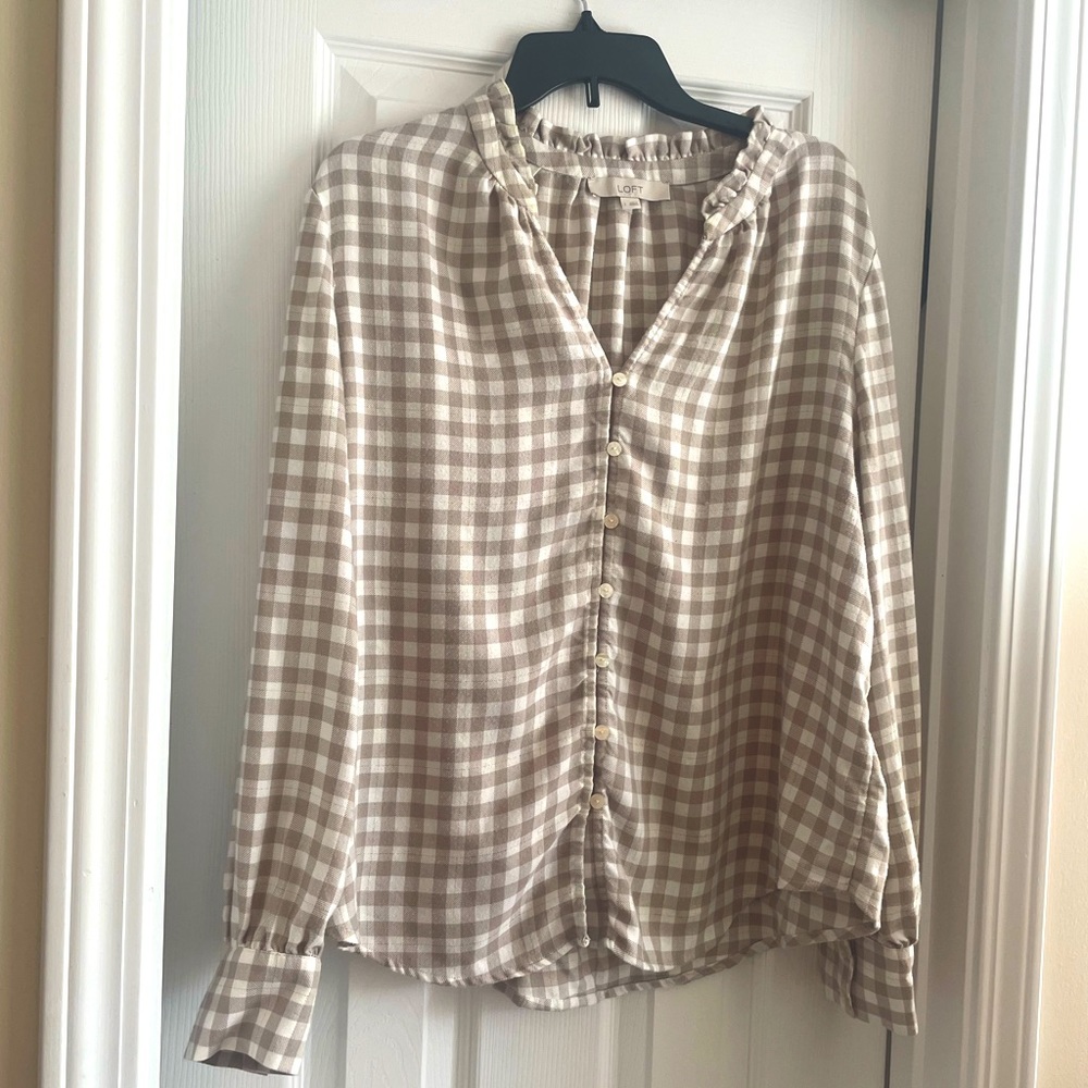 Loft Cream and Tan Plaid Long-sleeve Blouse - Size L
